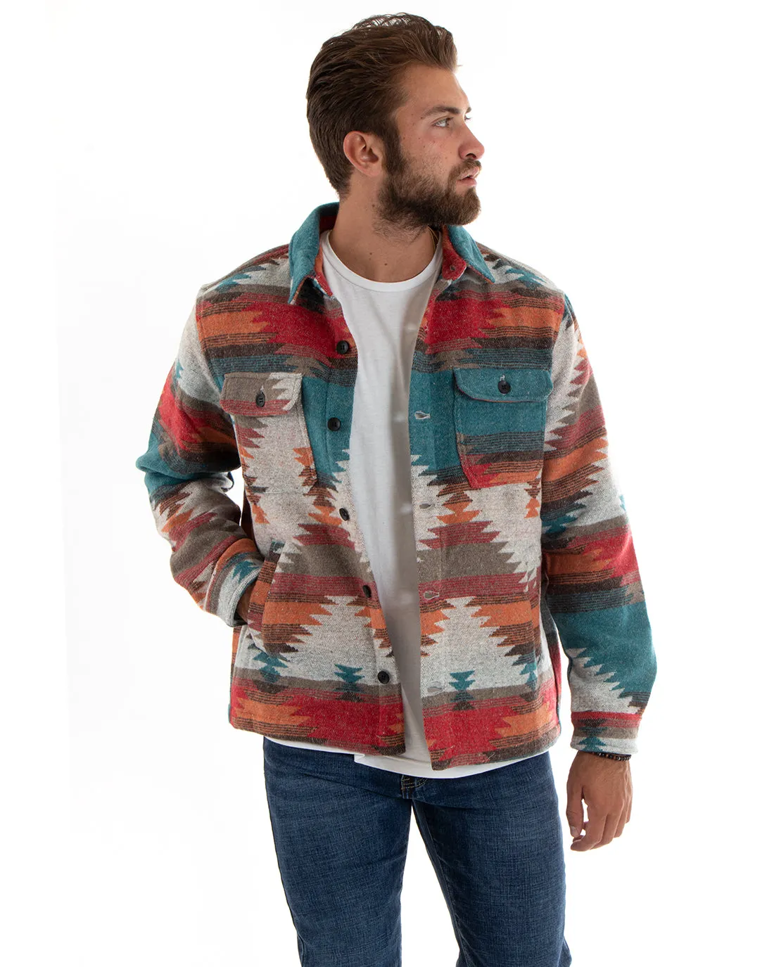 Giubbotto Uomo Con Colletto Shacket Azteco Camicione Etnico Multicolore GIOSAL-G3096A