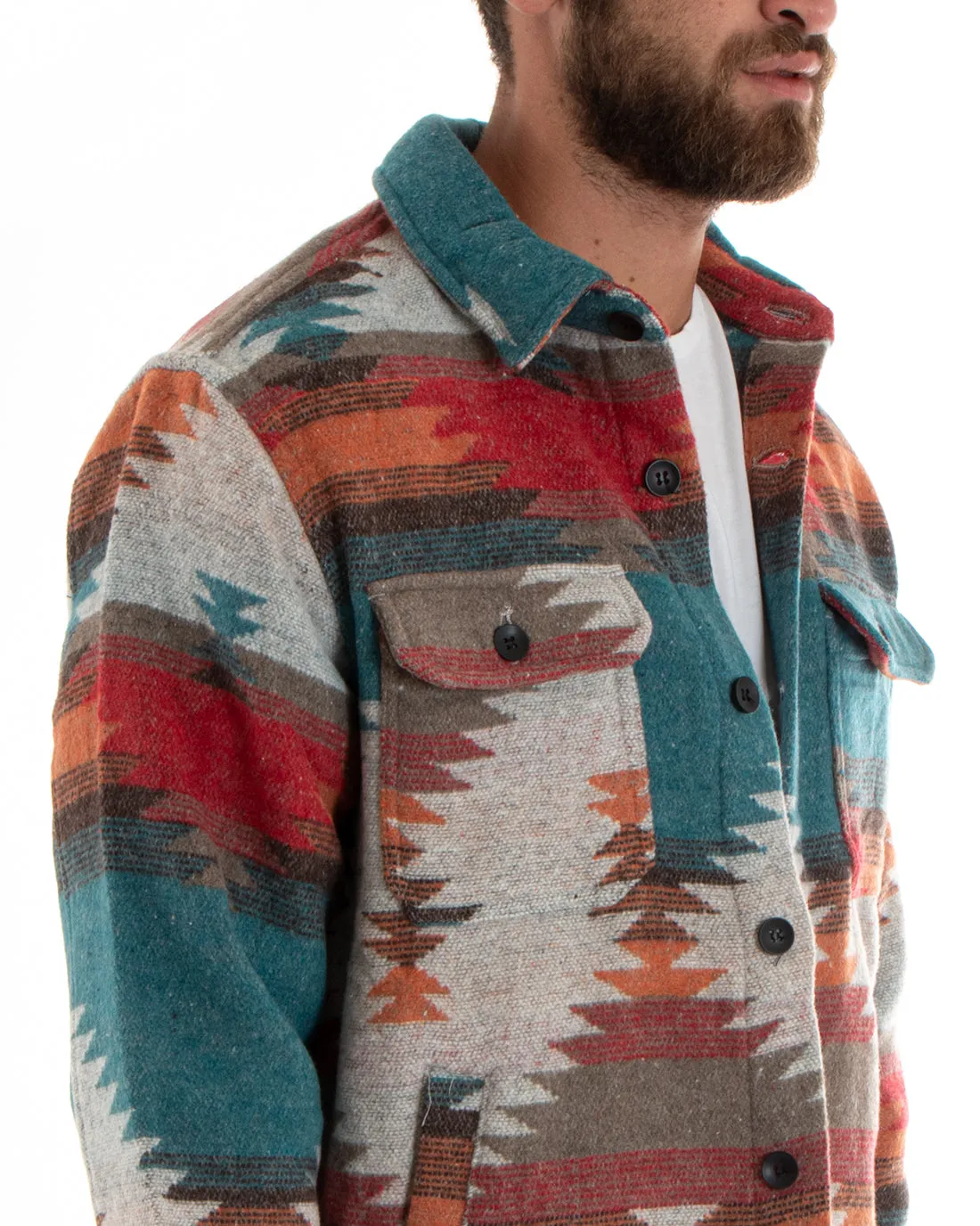 Giubbotto Uomo Con Colletto Shacket Azteco Camicione Etnico Multicolore GIOSAL-G3096A
