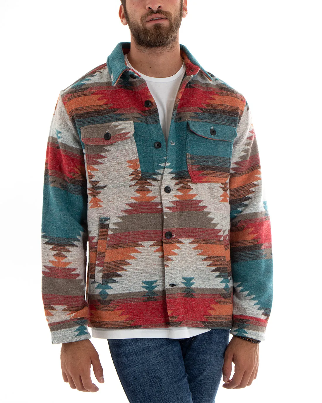 Giubbotto Uomo Con Colletto Shacket Azteco Camicione Etnico Multicolore GIOSAL-G3096A