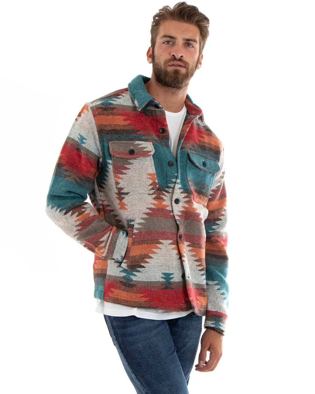 Giubbotto Uomo Con Colletto Shacket Azteco Camicione Etnico Multicolore GIOSAL-G3096A
