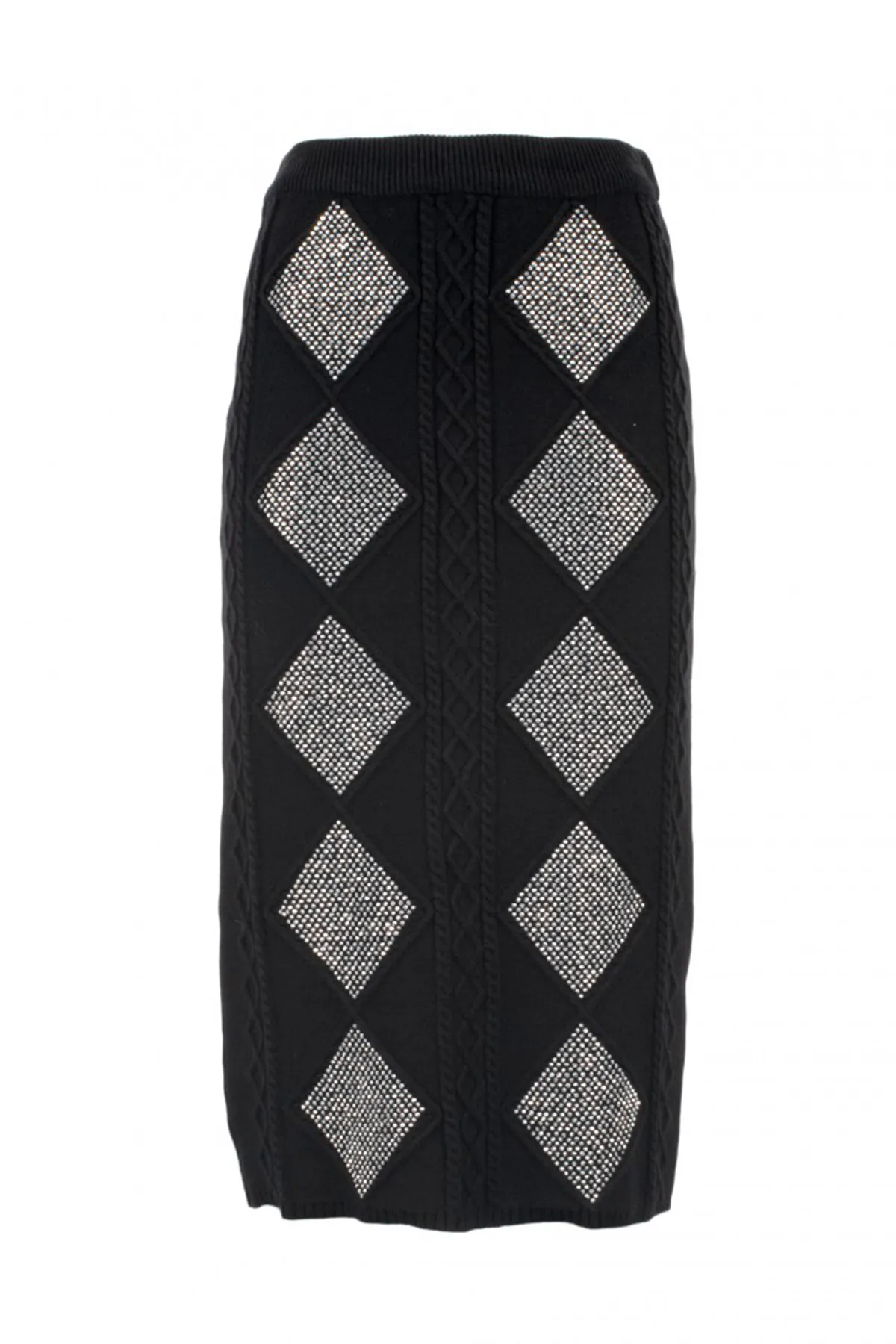 Gonna donna in lana lunga a trecce scollovita alta e dettagli micro strass