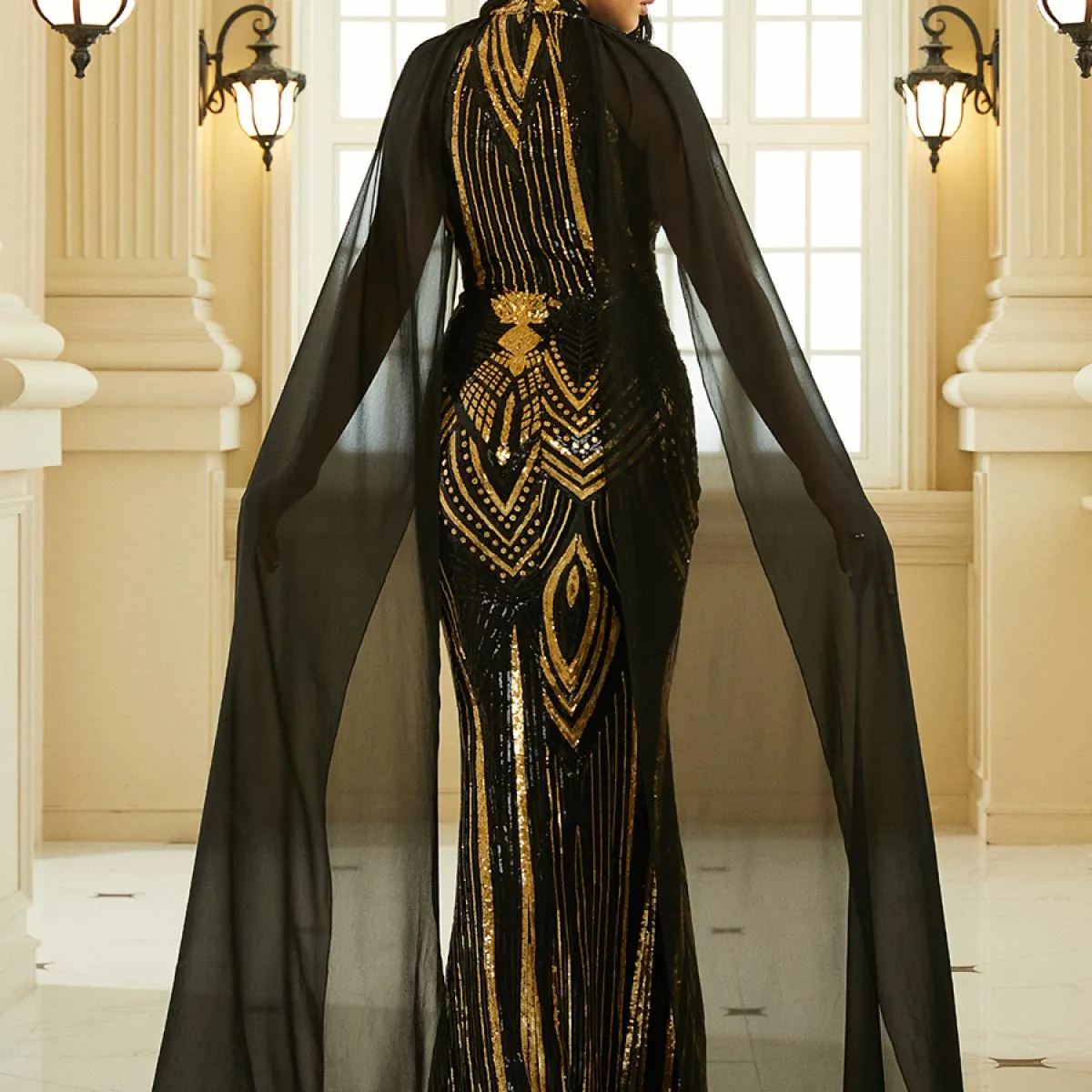 Missord Mantello Manica Cut-Out Paillettes Nero Partito di Sera di Promenade Abito a Sirena 2023 Donne di Estate Del Collo Del B