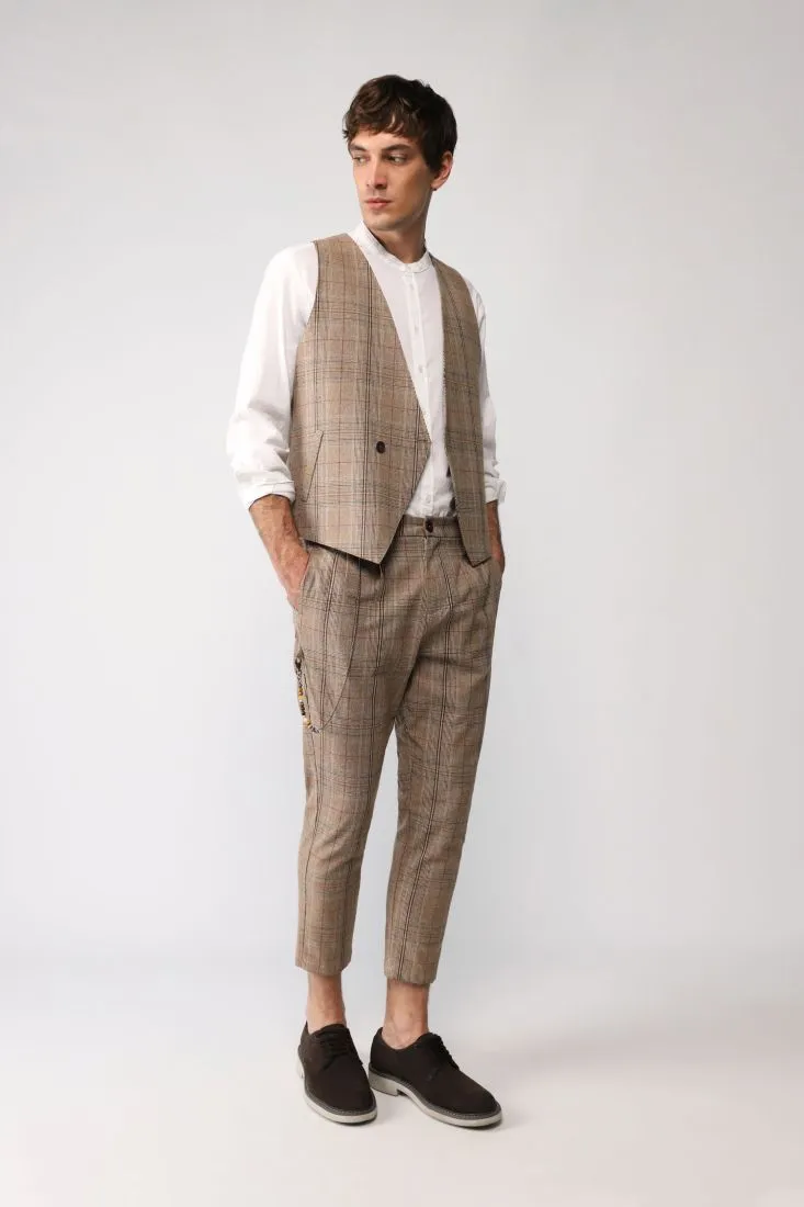 Pantaloni straight fantasia Principe di Galles con pinces e catena
