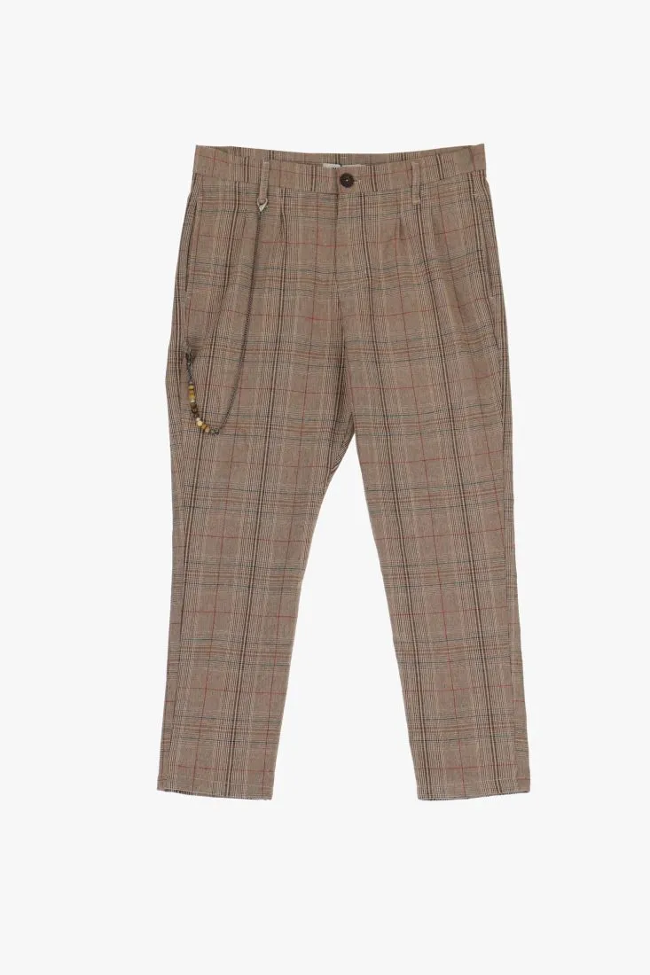 Pantaloni straight fantasia Principe di Galles con pinces e catena