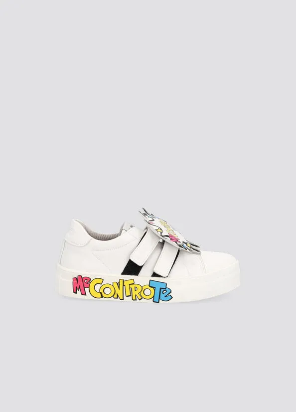 Sneakers bianche in ecopelle con maxi patch fumetto porta logo removibile 32-34