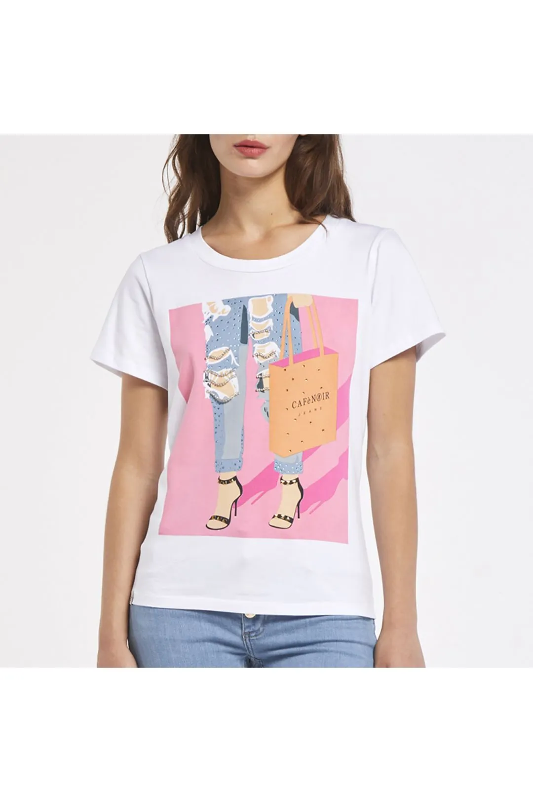t-shirt in jersey di cotone con stampa jeans davanti bianco