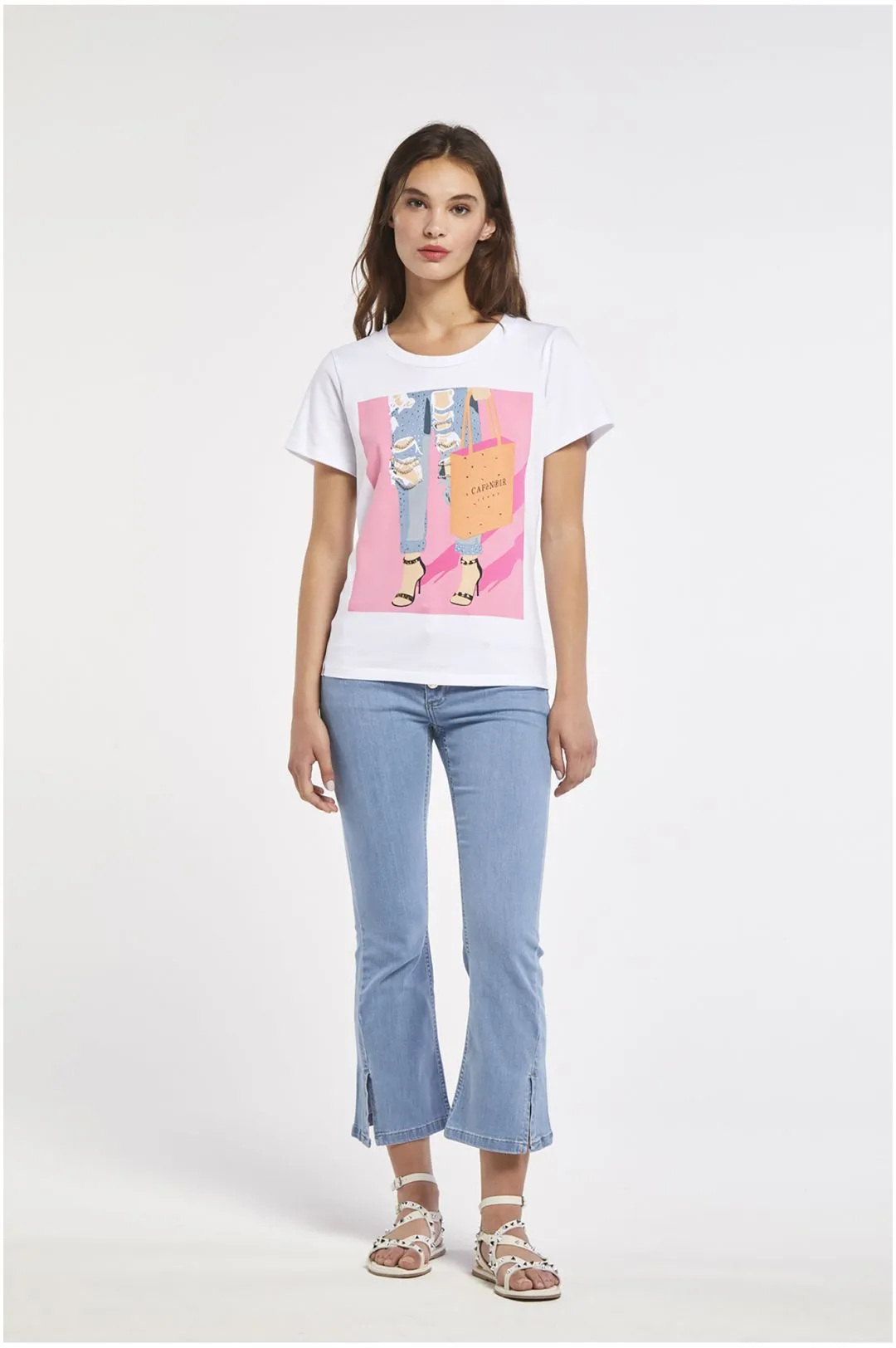 t-shirt in jersey di cotone con stampa jeans davanti bianco