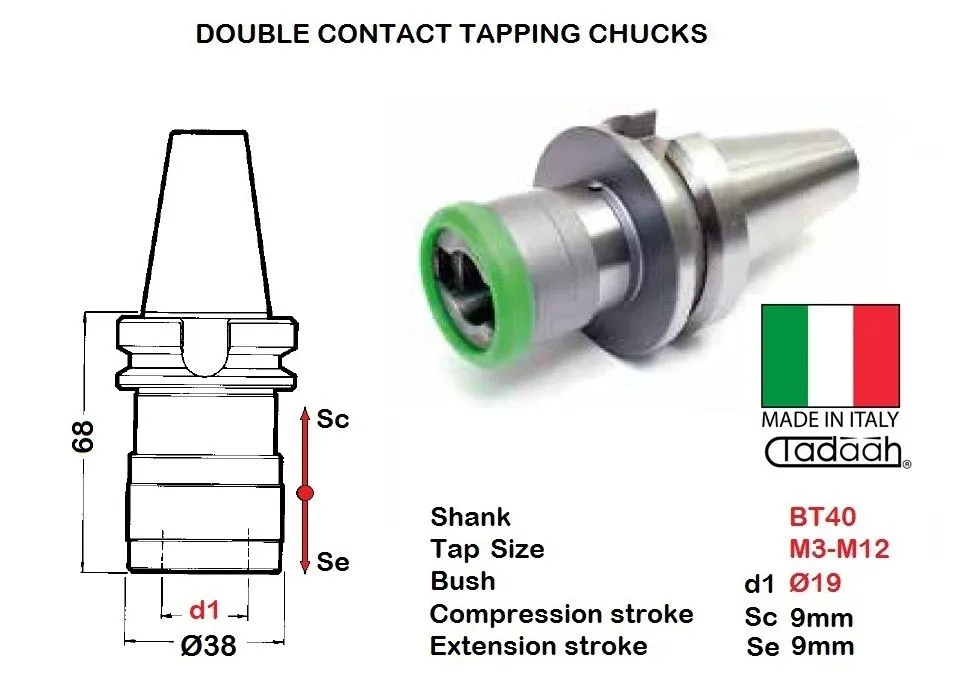 TD0136MCRBT01 Maschiatore a cambio rapido a doppio contatto BT40 per filettature da M3 a M12 - attacco bussola Dia. 19mm